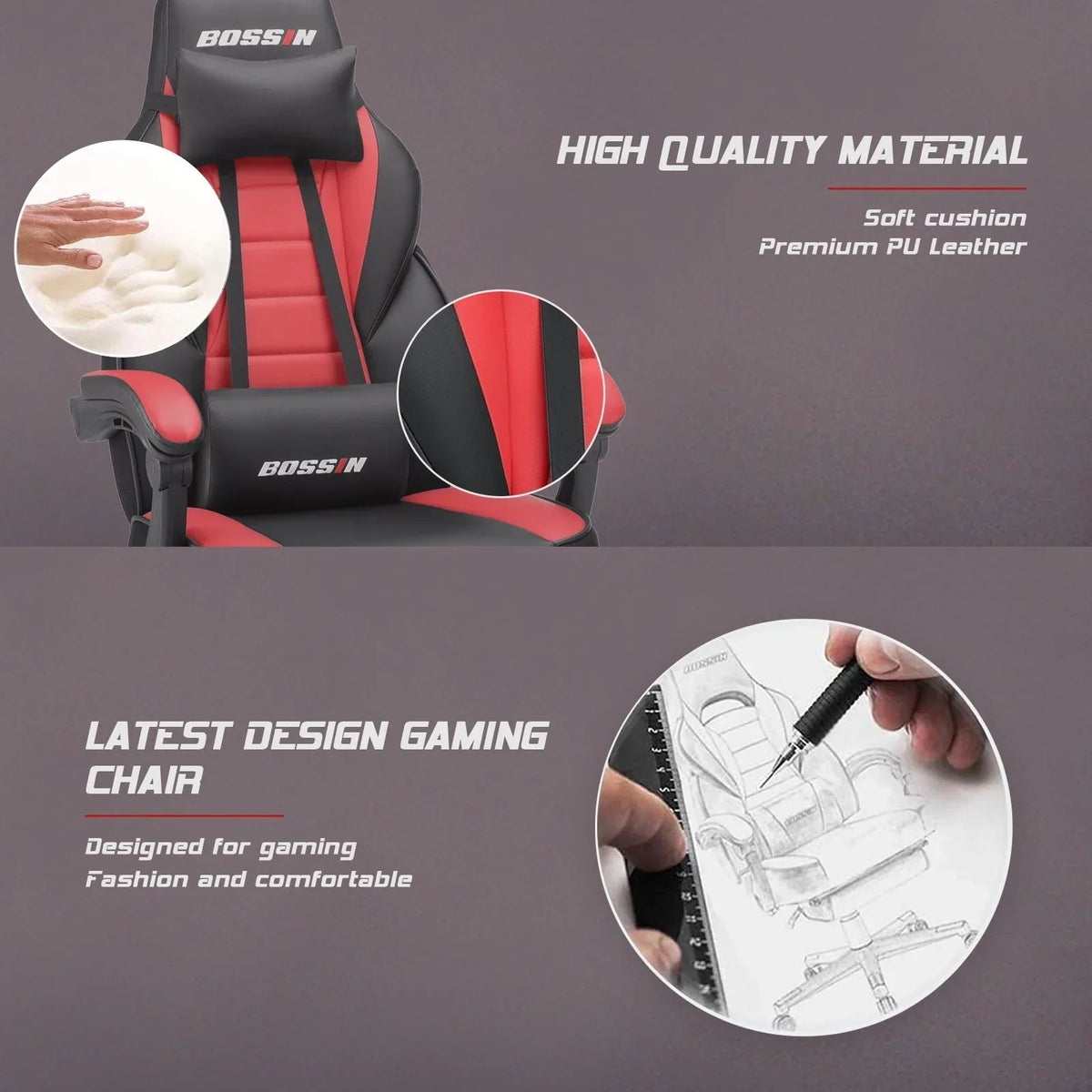 Chaise de jeu style course BOSSIN, fauteuil gamer grande taille 300 lb, chaise d'ordinateur à dossier haut