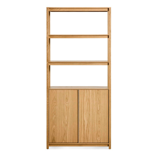 Modern Black Oak Wood Bookcase with Open Shelf & Cabinet Doors for Living Room